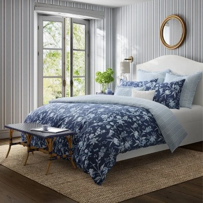Laura Ashley 7pc Full/Queen Branch Toile 100% Cotton Comforter Sham Bonus Set Blue 4 Laura Ashley 7pc Full/Queen Branch Toile 100% Cotton Comforter Sham Bonus Set Blue - Image 2