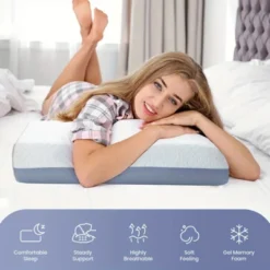 FONTOI 4 Inch Memory Foam Pillow, Cooling Bed Pillows For Standard Size, Removable Machine Washable Pillowcase, Blue&Grey, 15.7"*5"*23.6"