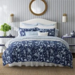 Laura Ashley 7pc Full/Queen Branch Toile 100% Cotton Comforter Sham Bonus Set Blue