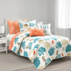 Coastal Reef Feather Reversible Quilt Set Blue/Coral - Lush Décor -Cozy Bedding Home GUEST 57970600 572b 4151 a282 52fdf09f2b98