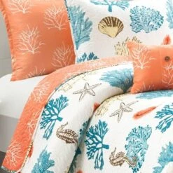 Coastal Reef Feather Reversible Quilt Set Blue/Coral - Lush Décor -Cozy Bedding Home GUEST 59c297d2 c930 4067 b09f 6c47ab61abe3