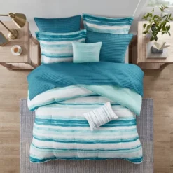 Gulches 8 Piece Printed Seersucker Comforter And Quilt Set Collection Aqua Full/Queen