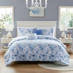 Intelligent Design Twin/Twin XL Lena Floral Striped Comforter Set Blue: Hypoallergenic Dorm Bedding, OEKO-TEX Certified