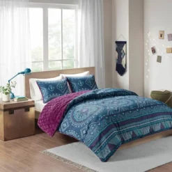 Blair Full/Queen 3pc Reversible Comforter Mini Set Navy/Purple -Cozy Bedding Home GUEST 7cd741ff 3fbd 409e 84d3 fa8bd93049cc