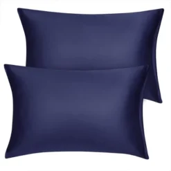 2 Pcs 21"x31" Silky Satin With Zipper Pillow Case Navy - PiccoCasa