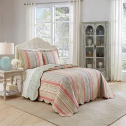 3pc King Floral Stripe Garden Glitz Reversible Bedspread Set Sage Green/Red/Cream - Waverly -Cozy Bedding Home GUEST afe1db45 82d1 4ab1 8b28 ad5907d3b1cf