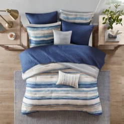 Gulches 8 Piece Printed Seersucker Comforter And Quilt Set Collection Blue Full/Queen