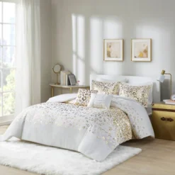 Kendra Metallic Printed Duvet Cover Set Ivory/Gold