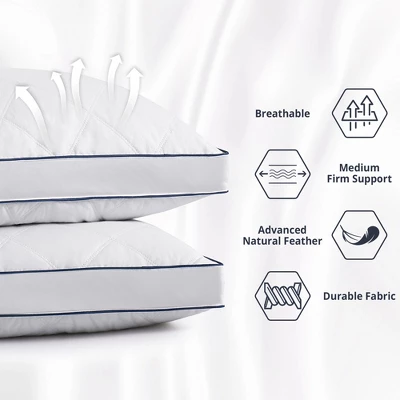 Peace Nest Goose Feather Down Pillow White Quilted Cotton Cover Set Of 2 4 Peace Nest Goose Feather Down Pillow White Quilted Cotton Cover Set Of 2 - Image 2