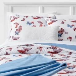 Butterfly Print Microfiber Decorative Bed Set With Throw Blue/Red/White - Room Essentials™ -Cozy Bedding Home GUEST e00afba5 a714 4928 90f7 d5171afd96c9