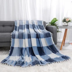 PiccoCasa Flannel Pom-Pom Tartan Checkered Fleece Throw Blanket 1Pc -Cozy Bedding Home GUEST e9be638f 2946 4a5b a4ff 14e8de58814a